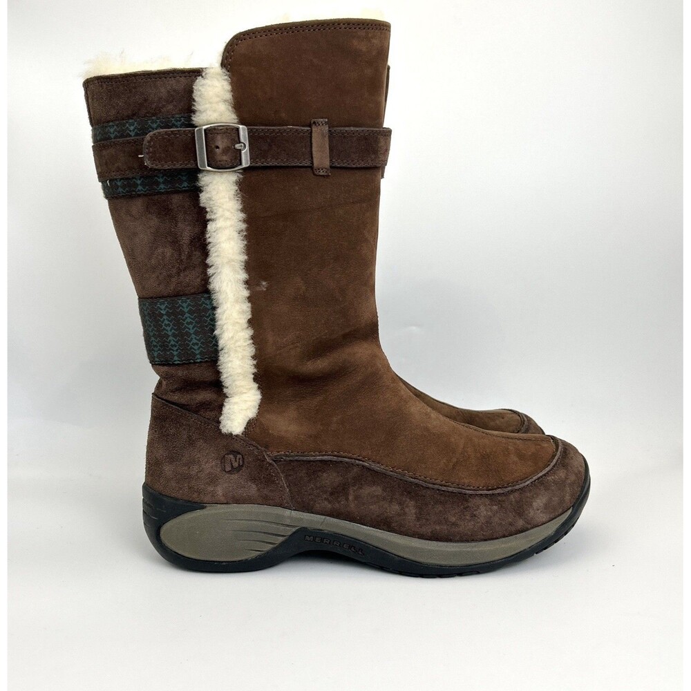 Merrell Encore Snow Bracken Boots Womens Sz 9 Brown Tall Zip Suede Sherpa Lining